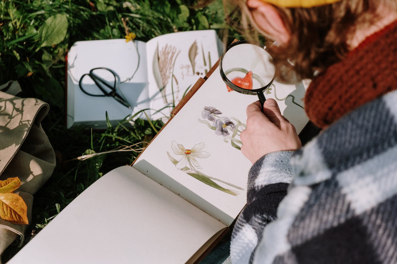 Person examining plant illustrations in a book with a magnifying glass outdoors.